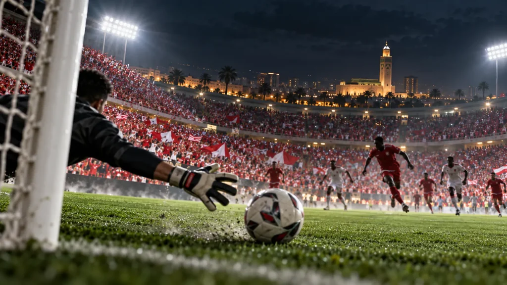 Illustration générée d’un stade de football nocturne à Casablanca.