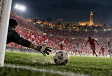 Illustration générée d’un stade de football nocturne à Casablanca.