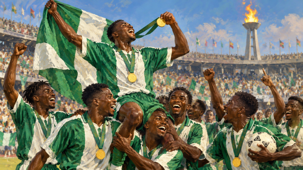 Nigeria JO 1996 — illustration éditoriale générée pour FootBantu.