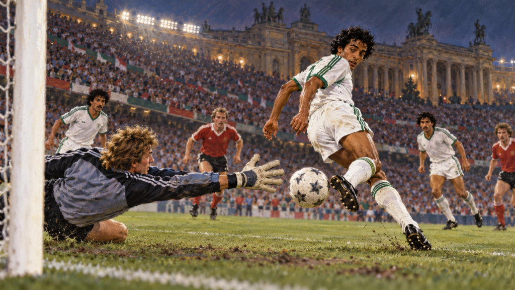 Rabah Madjer 1987 — illustration éditoriale générée pour FootBantu.