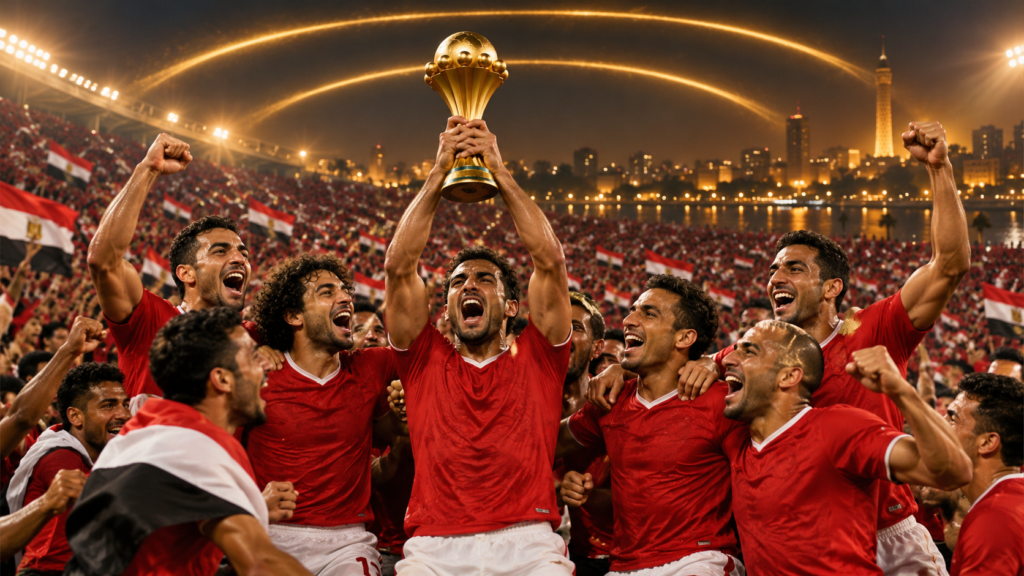 Égypte à la CAN : trois titres consécutifs, une dynastie sans équivalent — illustration éditoriale générée pour FootBantu.