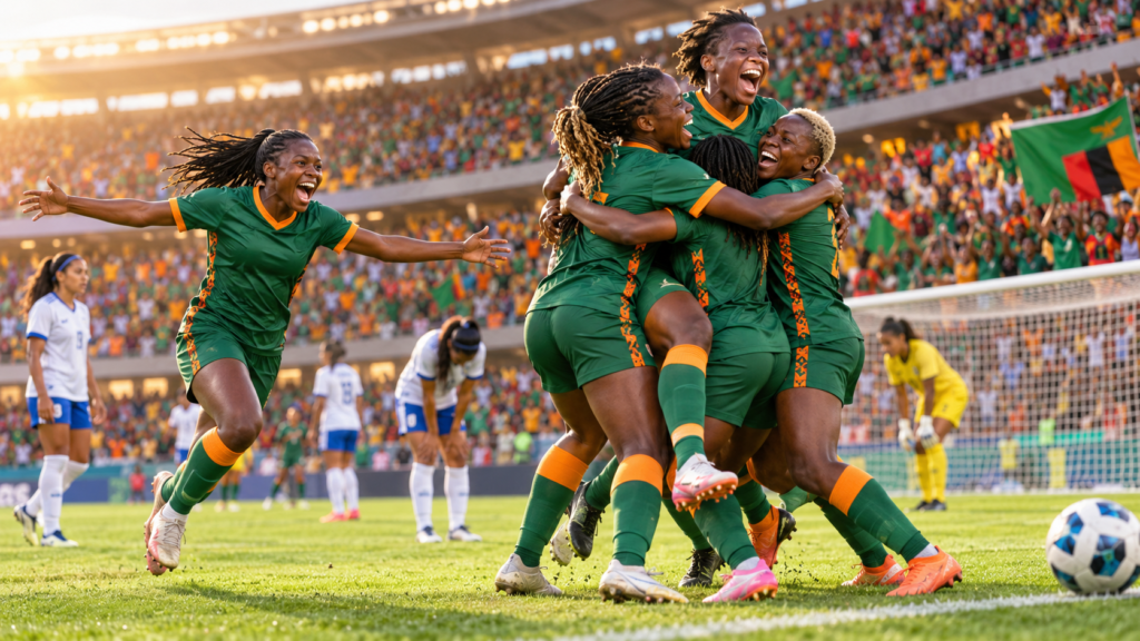 Zambie au Mondial féminin 2023 : un baptême mondial conclu par une victoire — illustration éditoriale générée pour FootBantu.