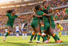 Zambie au Mondial féminin 2023 : un baptême mondial conclu par une victoire — illustration éditoriale générée pour FootBantu.