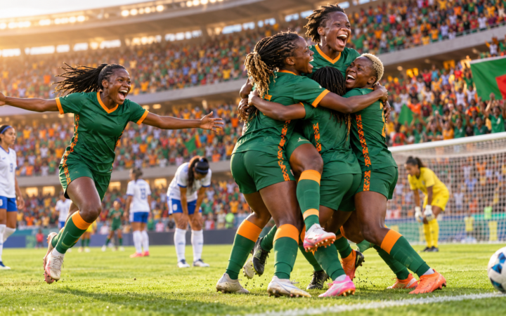 Zambie au Mondial féminin 2023 : un baptême mondial conclu par une victoire — illustration éditoriale générée pour FootBantu.