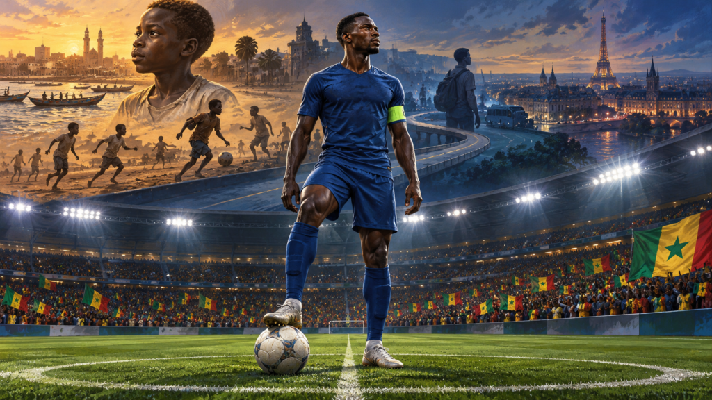 Illustration d’un milieu africain au centre d’un stade, avec des couleurs sénégalaises et françaises.
