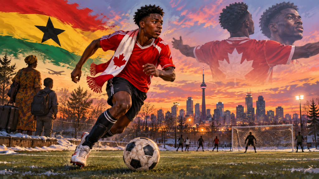 Illustration d’un footballeur au Canada, avec des symboles ghanéens et canadiens en arrière-plan.