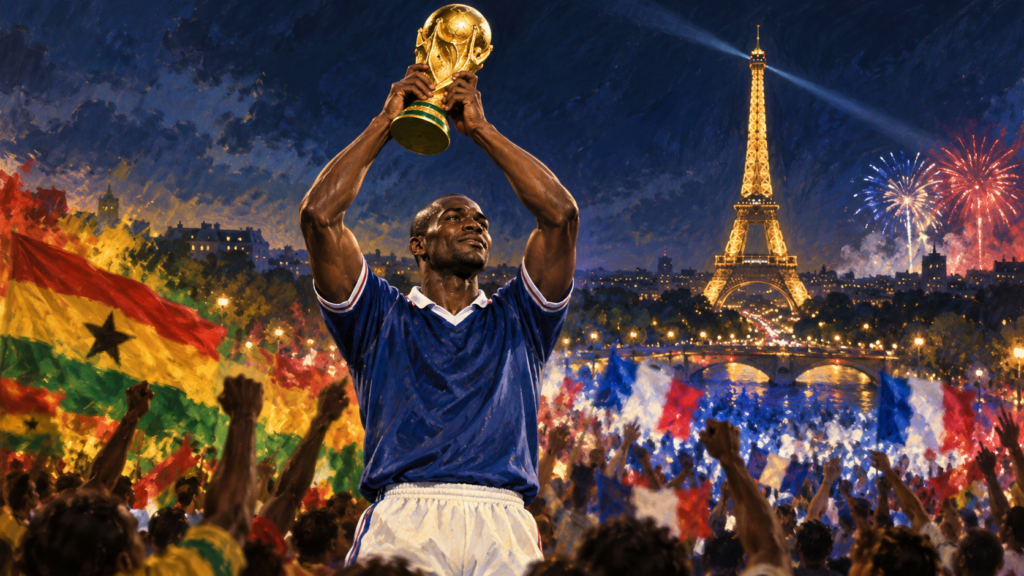 Illustration d’un défenseur français soulevant un trophée à Paris, avec les couleurs du Ghana en arrière-plan.