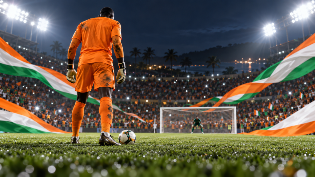 Illustration d’un gardien ivoirien en tenue orange, de dos face au but, dans un stade nocturne décoré aux couleurs orange, blanc et vert.