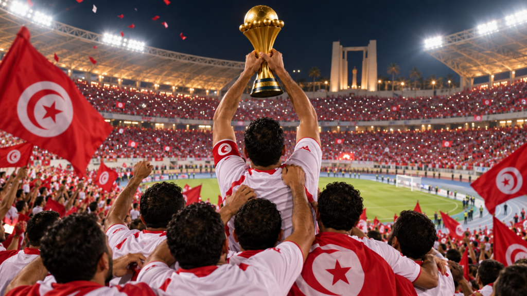 Illustration d’une équipe tunisienne générique soulevant une coupe dans un stade plein, entourée de drapeaux rouges et blancs.