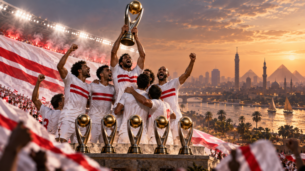 Illustration d’une équipe de club cairote en blanc qui célèbre un trophée sous les lumières, avec une silhouette du Caire en arrière-plan.