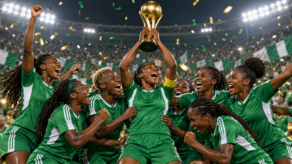 Illustration d’une équipe féminine nigériane en vert célébrant un titre avec une coupe dorée dans un stade.