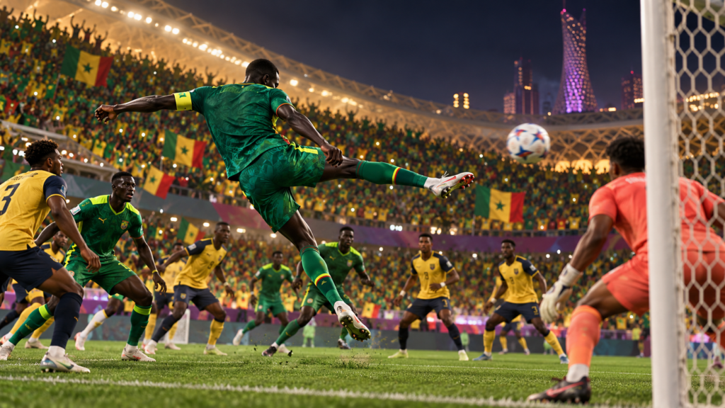 Illustration d’un joueur sénégalais en maillot vert célébrant une qualification dans un stade illuminé.