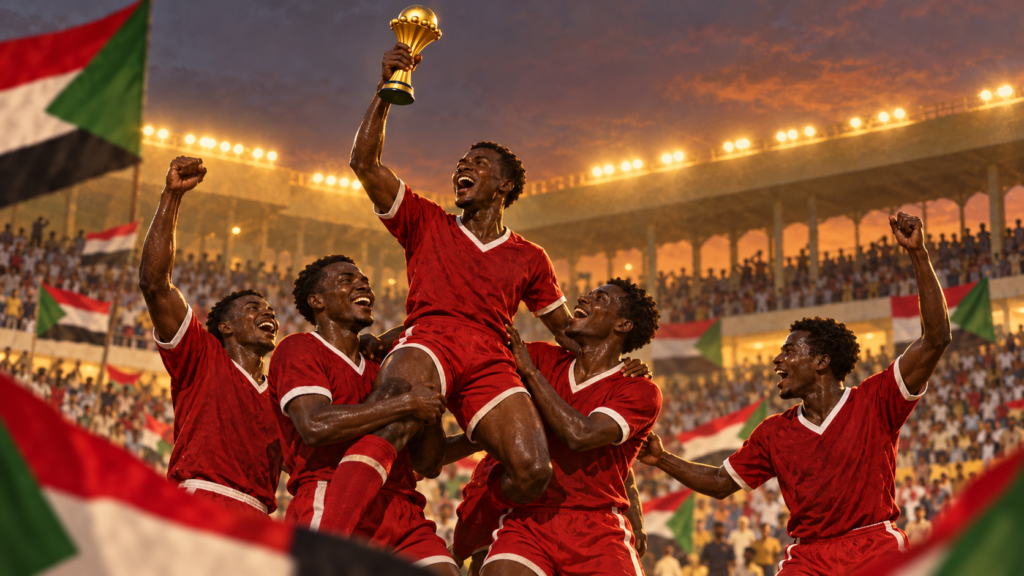 Illustration de joueurs soudanais en rouge célébrant un titre continental devant une tribune en liesse.