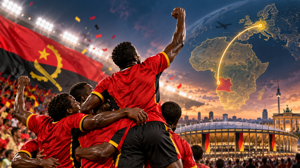 Illustration de joueurs angolais en rouge célébrant leur qualification pour une Coupe du monde dans un stade.