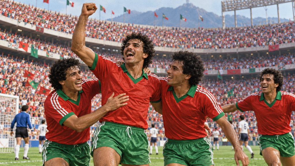 Maroc 1986 : la première sélection africaine en huitièmes de finale — illustration éditoriale générée pour FootBantu