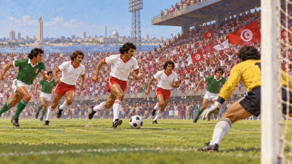 Tunisie 1978 : le premier succès africain en Coupe du monde — illustration éditoriale générée pour FootBantu