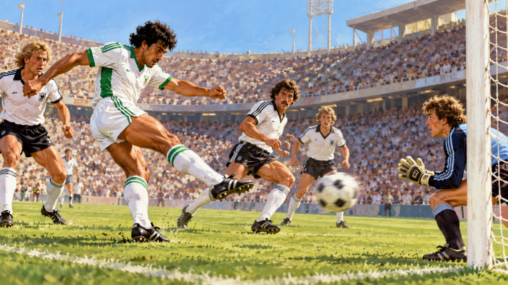 Algérie 1982 : l’exploit contre la RFA et l’amertume de Gijón — illustration éditoriale générée pour FootBantu