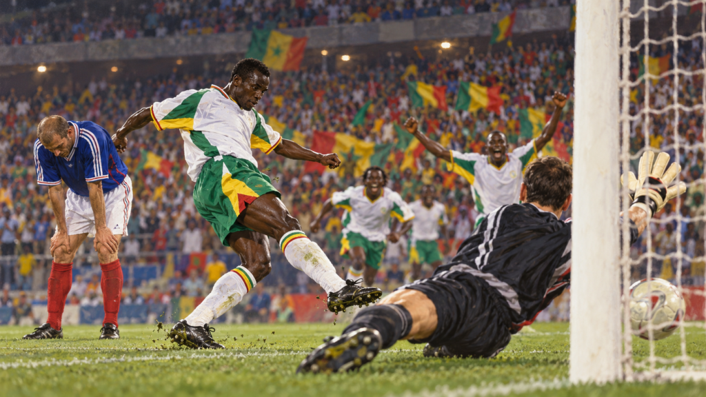 Sénégal 2002 : des débuts au Mondial jusqu’aux portes du dernier carré — illustration éditoriale générée pour FootBantu