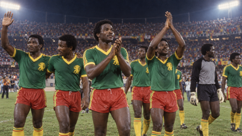 Cameroun 1982 : une première Coupe du monde sans défaite — illustration éditoriale générée pour FootBantu.