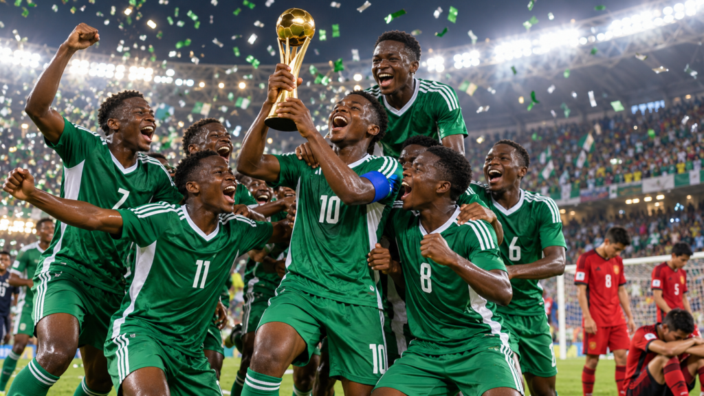 Nigeria U17 2013 : les Golden Eaglets signent un quatrième sacre mondial — illustration éditoriale générée pour FootBantu.