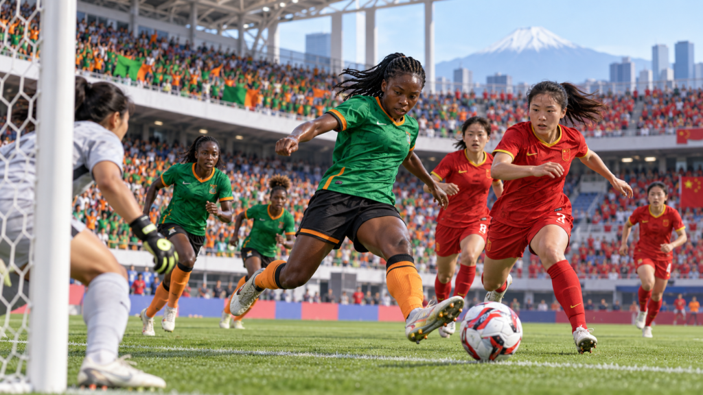 Zambie à Tokyo 2020 : les Copper Queens découvrent les Jeux olympiques — illustration éditoriale générée pour FootBantu.