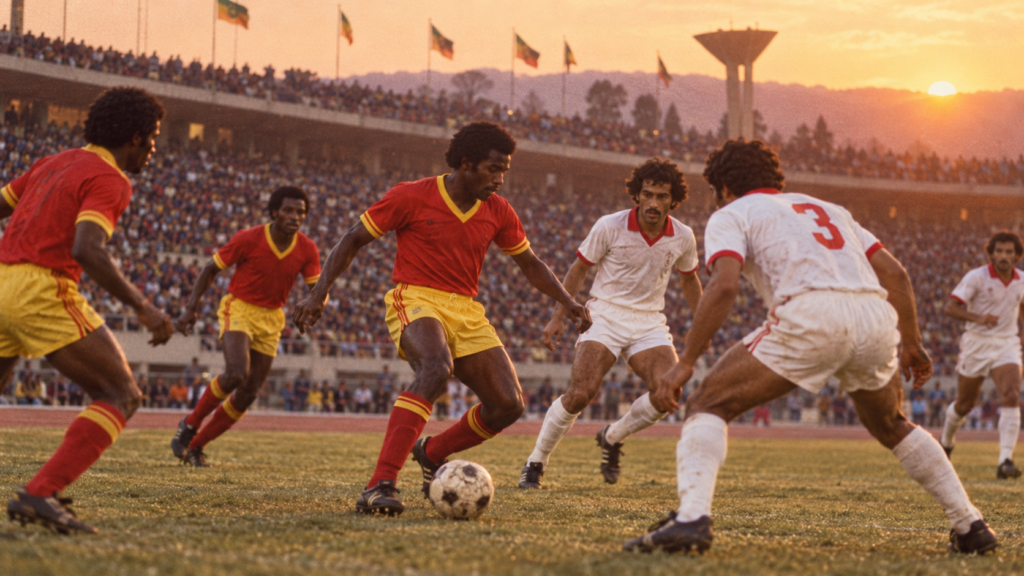 Guinée 1976 : une deuxième place conquise dans un tournoi sans finale — illustration éditoriale générée pour FootBantu.