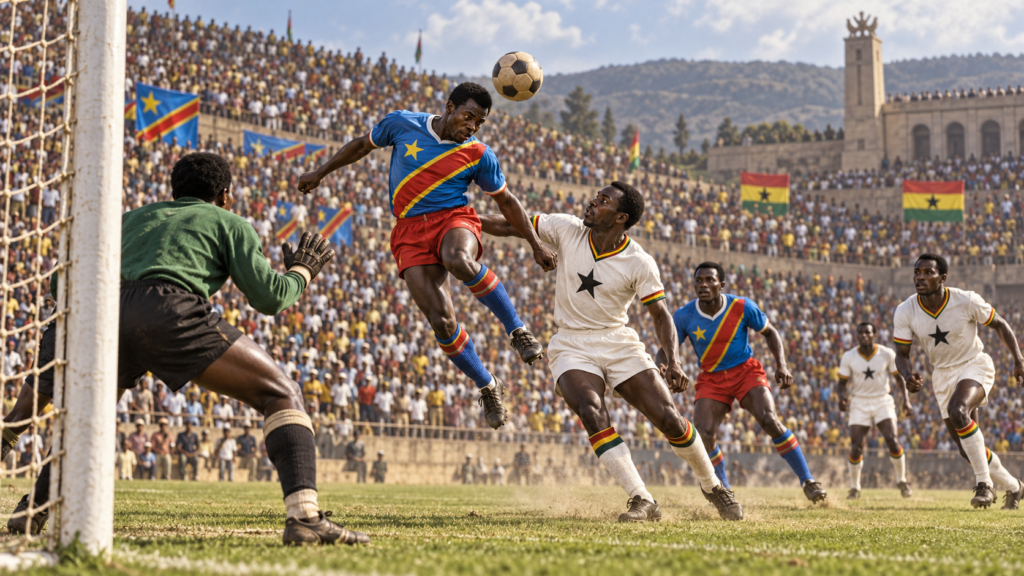 Finale de la CAN 1968 entre la RD Congo et le Ghana, duel aérien devant le but — illustration générée pour FootBantu.