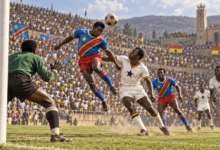 Finale de la CAN 1968 entre la RD Congo et le Ghana, duel aérien devant le but — illustration générée pour FootBantu.