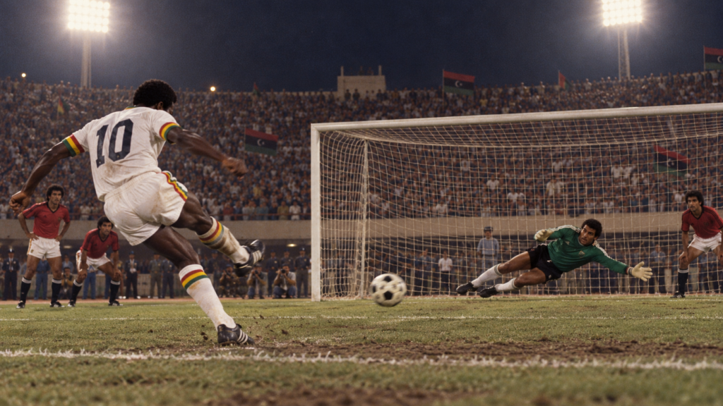 Séance de tirs au but de la finale Ghana-Libye à la CAN 1982 — illustration générée pour FootBantu.