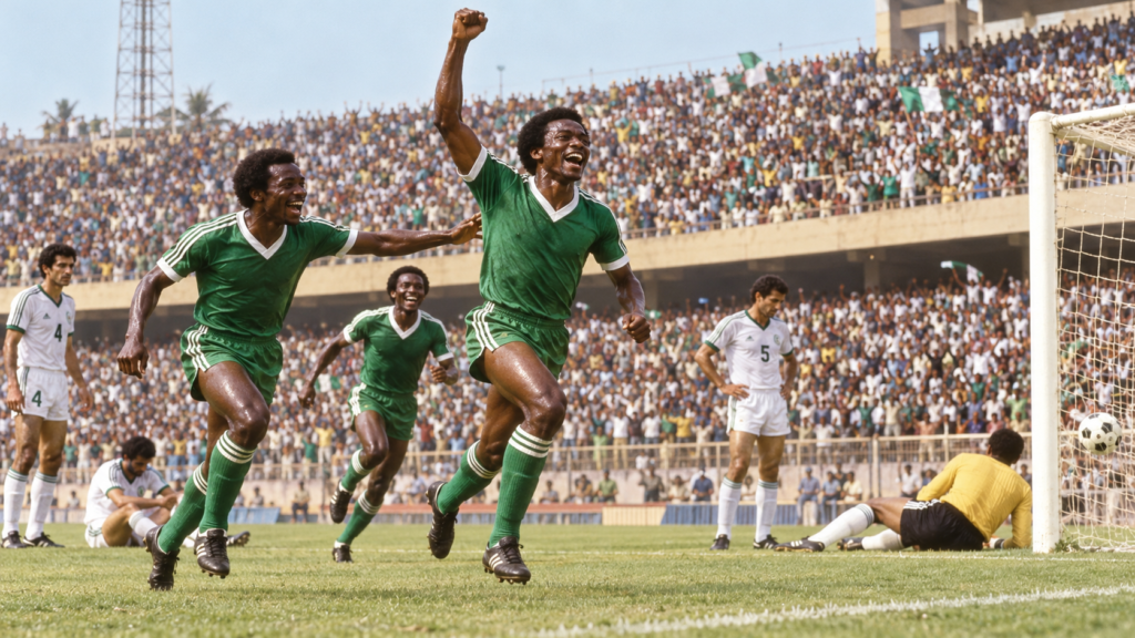 Le Nigeria célèbre son premier sacre à la CAN 1980 face à l’Algérie — illustration générée pour FootBantu.