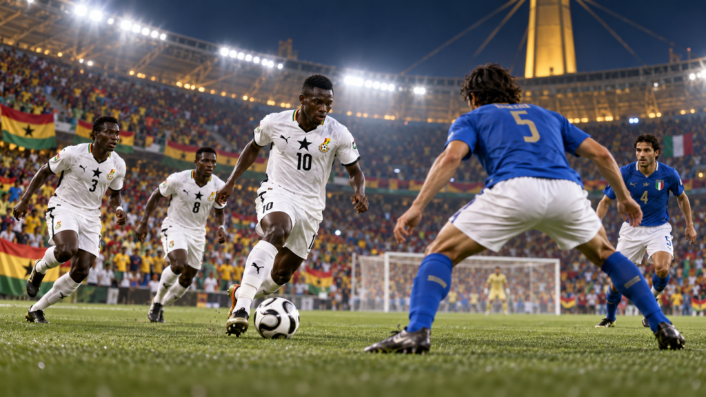Le Ghana affronte l’Italie lors de sa première Coupe du monde en 2006 — illustration générée pour FootBantu.