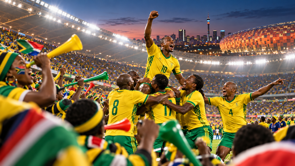 Les Bafana Bafana célèbrent pendant la Coupe du monde 2010 en Afrique du Sud — illustration générée pour FootBantu.