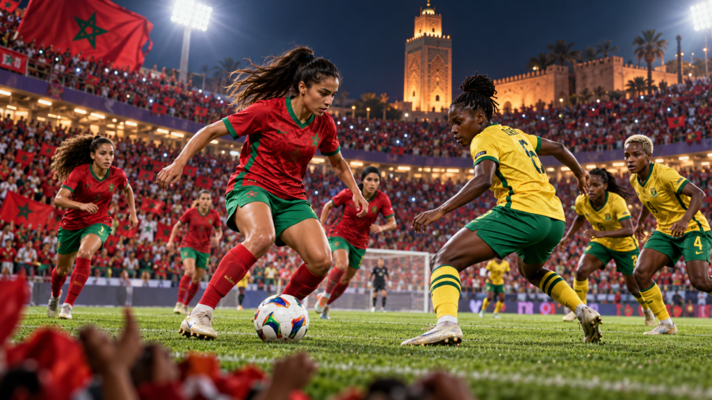 Finale Maroc-Afrique du Sud à la CAN féminine 2022 — illustration générée pour FootBantu.