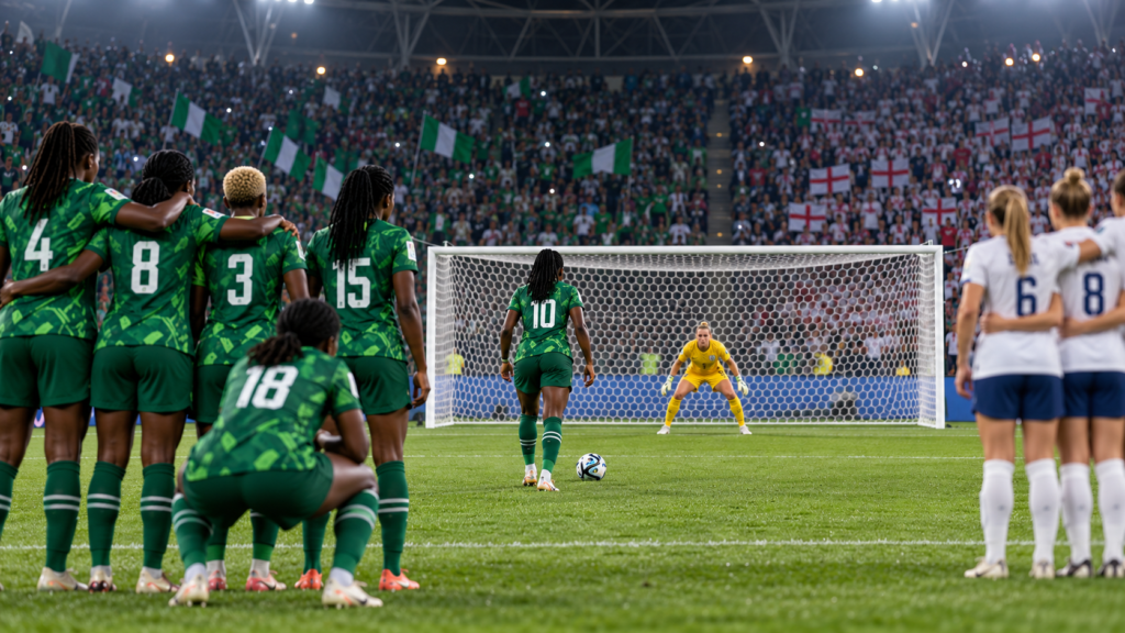 Séance de tirs au but entre les Super Falcons et l’Angleterre au Mondial 2023 — illustration générée pour FootBantu.