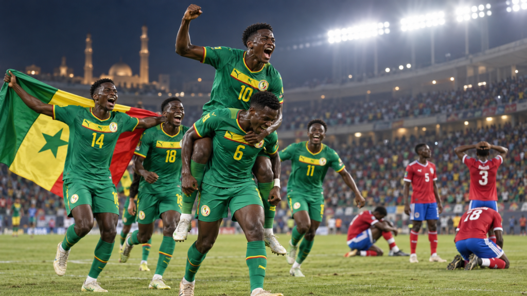Les Lionceaux du Sénégal célèbrent leur titre à la CAN U20 2023 — illustration générée pour FootBantu.
