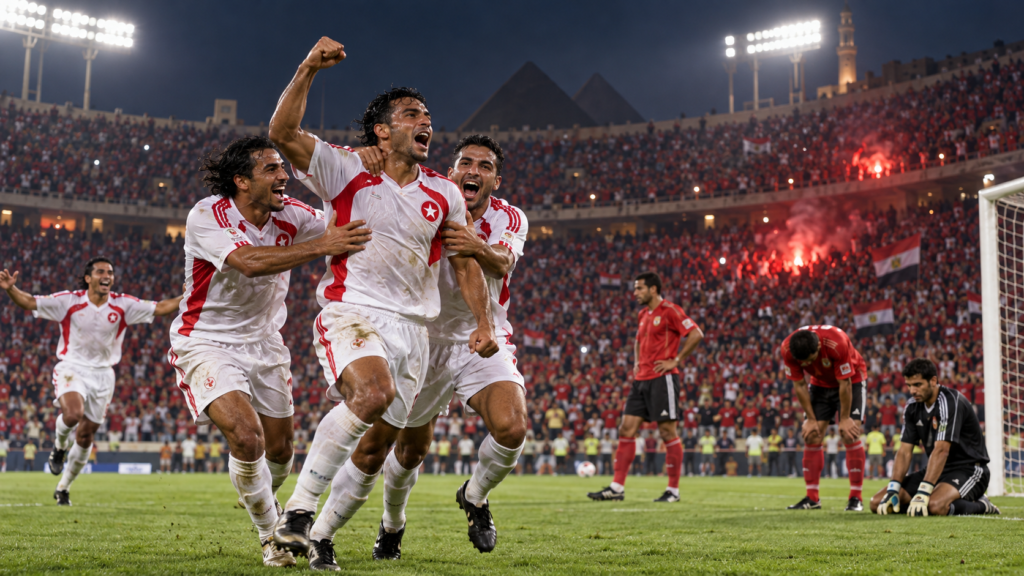 Les joueurs de l’Étoile du Sahel célèbrent leur victoire contre Al Ahly au Caire en 2007 — illustration générée pour FootBantu.