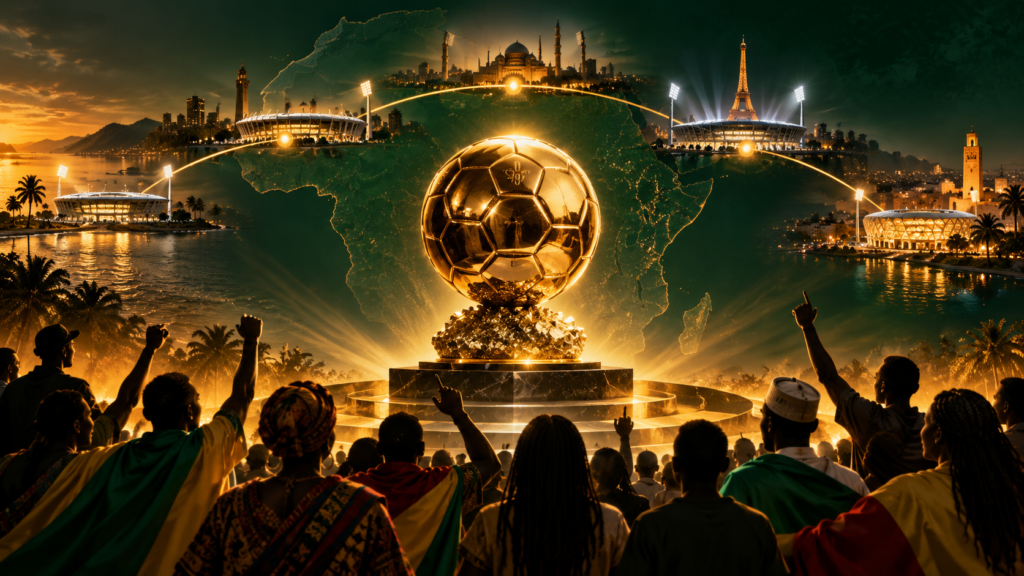 Ballon d’Or doré au centre d’une scène symbolisant le football africain et sa diaspora.