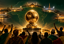 Ballon d’Or doré au centre d’une scène symbolisant le football africain et sa diaspora.