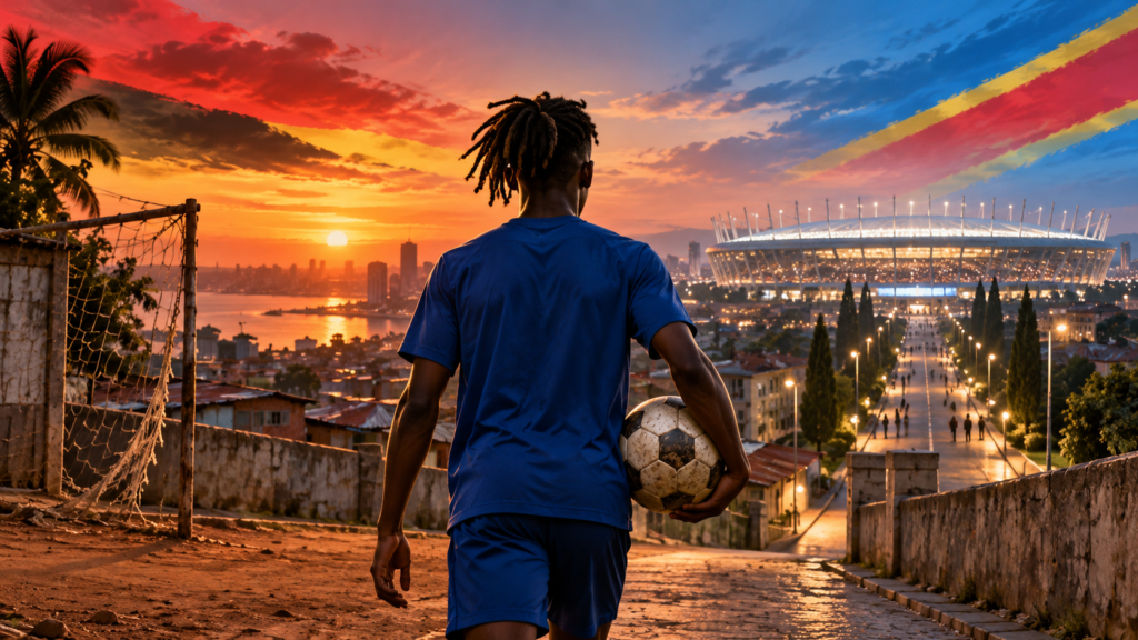 Footballeur vu de dos, ballon à la main, devant un stade au coucher du soleil, illustration de l’enfance de Camavinga à Cabinda.