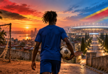 Footballeur vu de dos, ballon à la main, devant un stade au coucher du soleil, illustration de l’enfance de Camavinga à Cabinda.