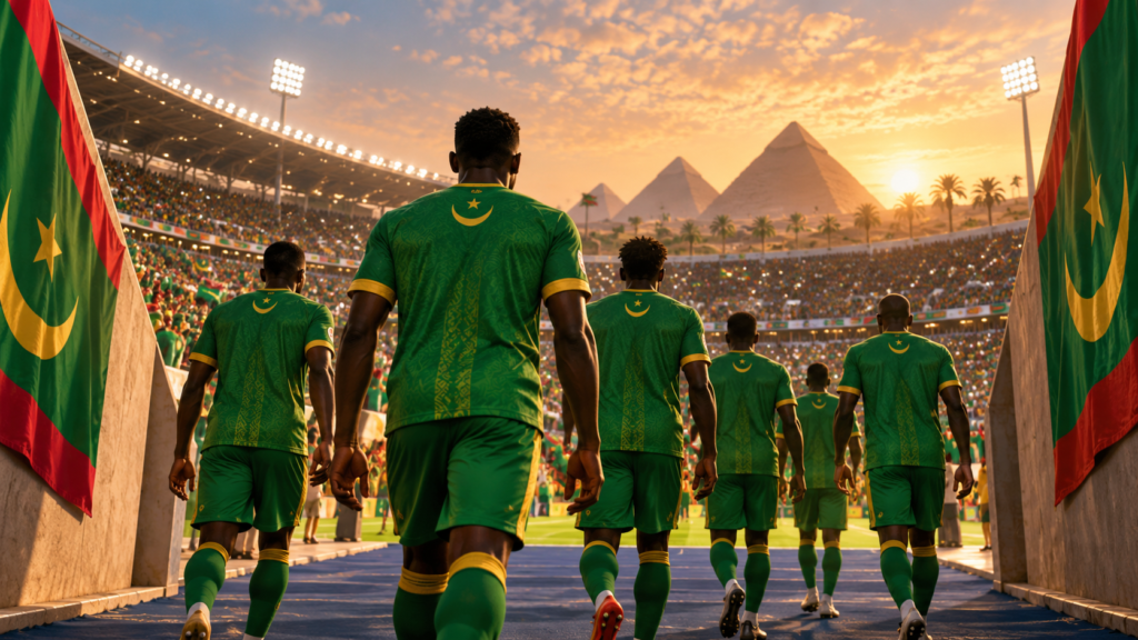 Joueurs en vert entrant dans un stade, avec des pyramides en arrière-plan, pour évoquer la Mauritanie à la CAN 2019.