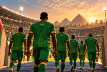Joueurs en vert entrant dans un stade, avec des pyramides en arrière-plan, pour évoquer la Mauritanie à la CAN 2019.