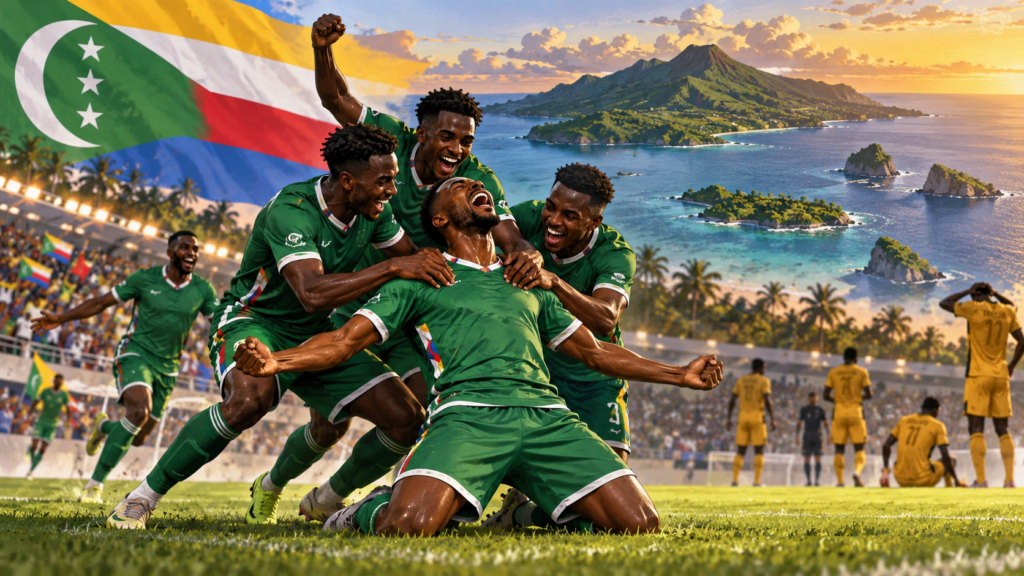 Joueurs comoriens en vert célébrant dans un stade face au Ghana, avec le drapeau des Comores en arrière-plan.
