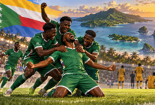Joueurs comoriens en vert célébrant dans un stade face au Ghana, avec le drapeau des Comores en arrière-plan.
