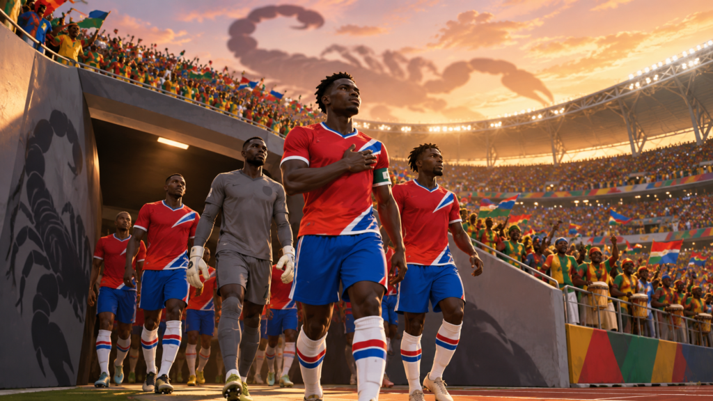 Joueurs gambiens en rouge et bleu sortant du tunnel d’un stade pour évoquer leur première CAN en 2021.