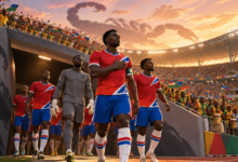 Joueurs gambiens en rouge et bleu sortant du tunnel d’un stade pour évoquer leur première CAN en 2021.