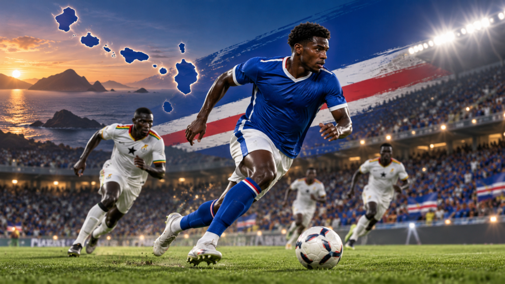 Joueur en bleu courant avec le ballon face à des adversaires en blanc, dans une illustration du parcours cap-verdien à la CAN 2013.