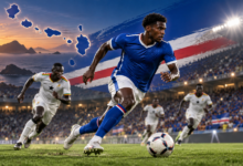 Joueur en bleu courant avec le ballon face à des adversaires en blanc, dans une illustration du parcours cap-verdien à la CAN 2013.