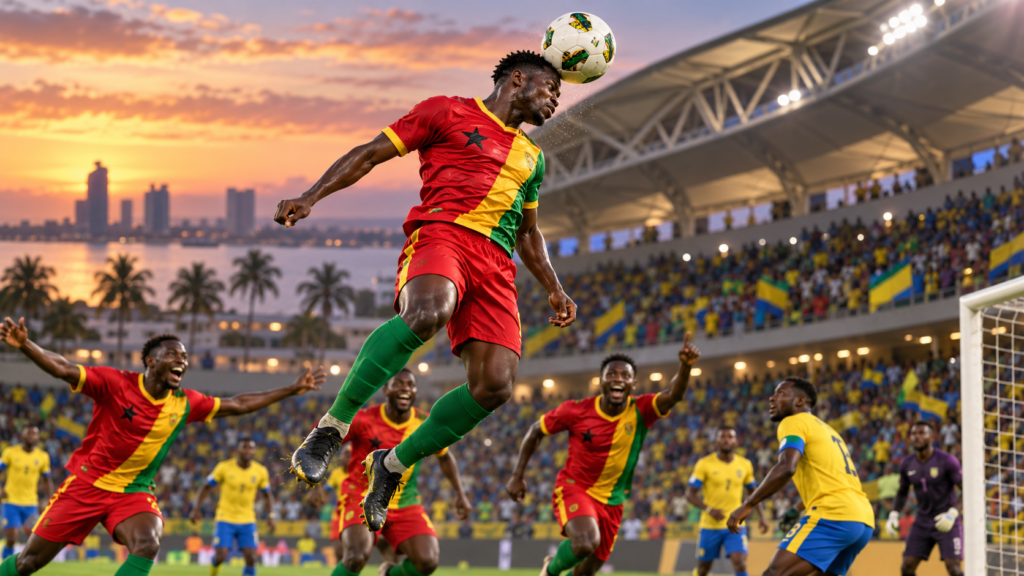 Joueur en rouge, jaune et vert disputant un ballon de la tête dans un stade, illustration de la première CAN de la Guinée-Bissau.