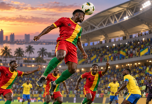 Joueur en rouge, jaune et vert disputant un ballon de la tête dans un stade, illustration de la première CAN de la Guinée-Bissau.